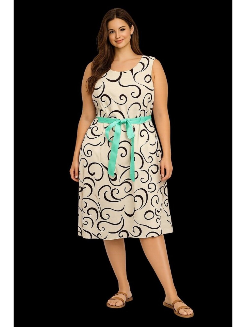 R &K Originals Dress Plus Size 24 Sleeveless Ribbon Belt‎ Cream Brown Geometric